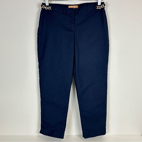 Ellen Tracy Navy Cropped Pants Gold Chain Detail 4 - Picture 1 of 8